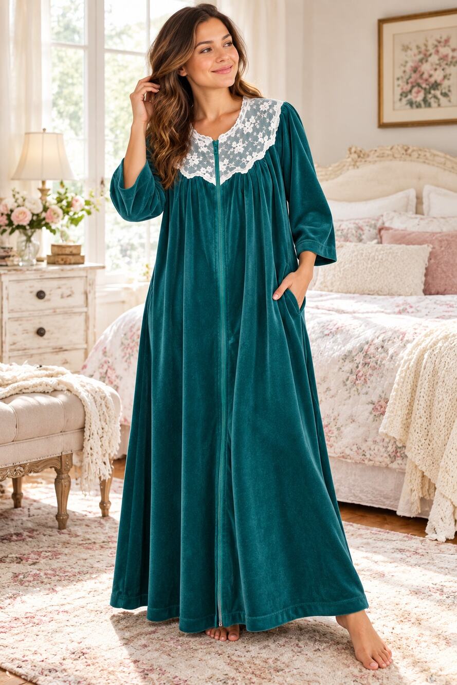 Le Mutt's Vintage Teal Velour Lace Full Zip Housecoat Robe USA M